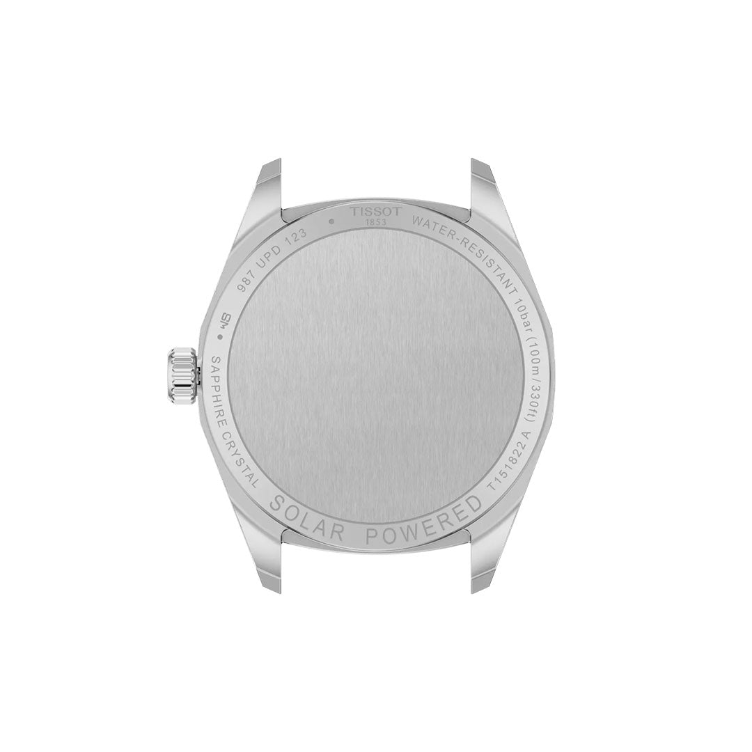 The back of the Tissot PRC 100 Solar Quartz 34mm Watch shows engravings like "TISSOT," "SOLAR POWERED," "WATER-RESISTANT 10BAR (100M/330FT)," and "SAPPHIRE CRYSTAL," highlighting this Tissot model’s key solar-powered features.