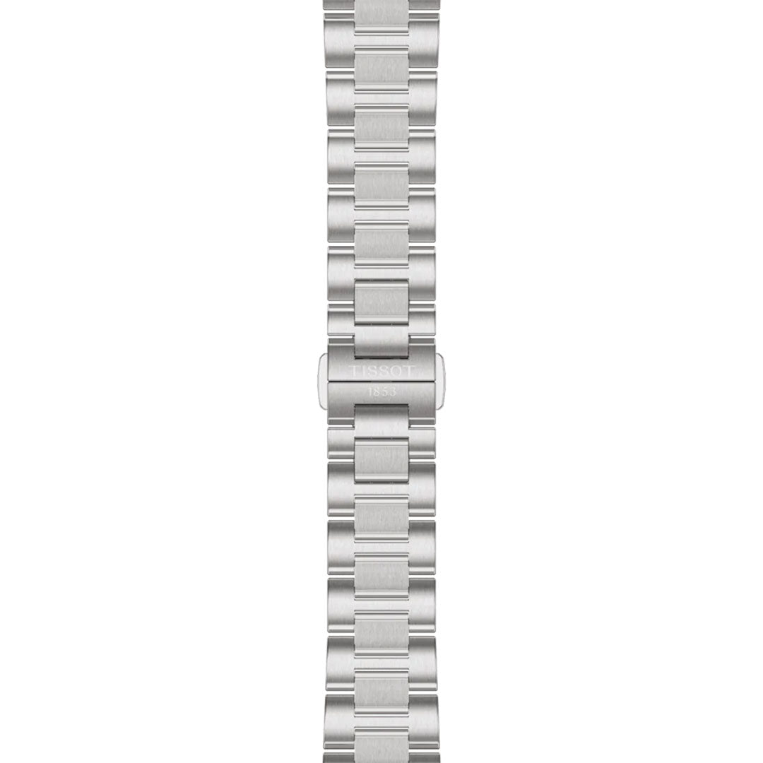 A stainless steel band with a brushed finish and Tissot-engraved clasp, made for the Tissot PRC 100 Solar Quartz 34mm Watch, is displayed vertically against a white background.