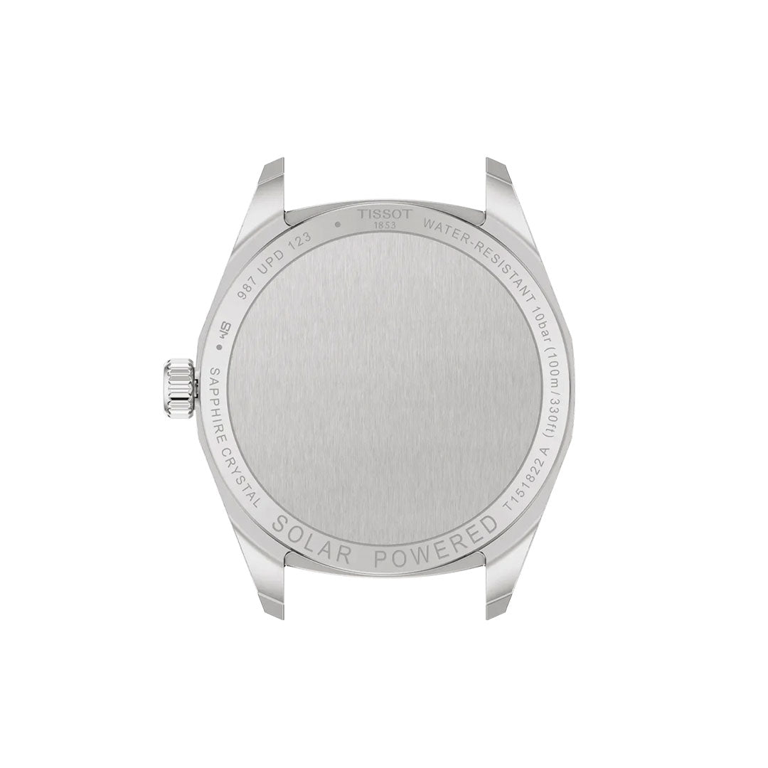Back view of the Tissot PRC 100 Solar Quartz 34mm Watch shows case engravings noting its solar power, 100m water resistance, sapphire crystal, and Lightmaster Solar Quartz model details around the edge.
