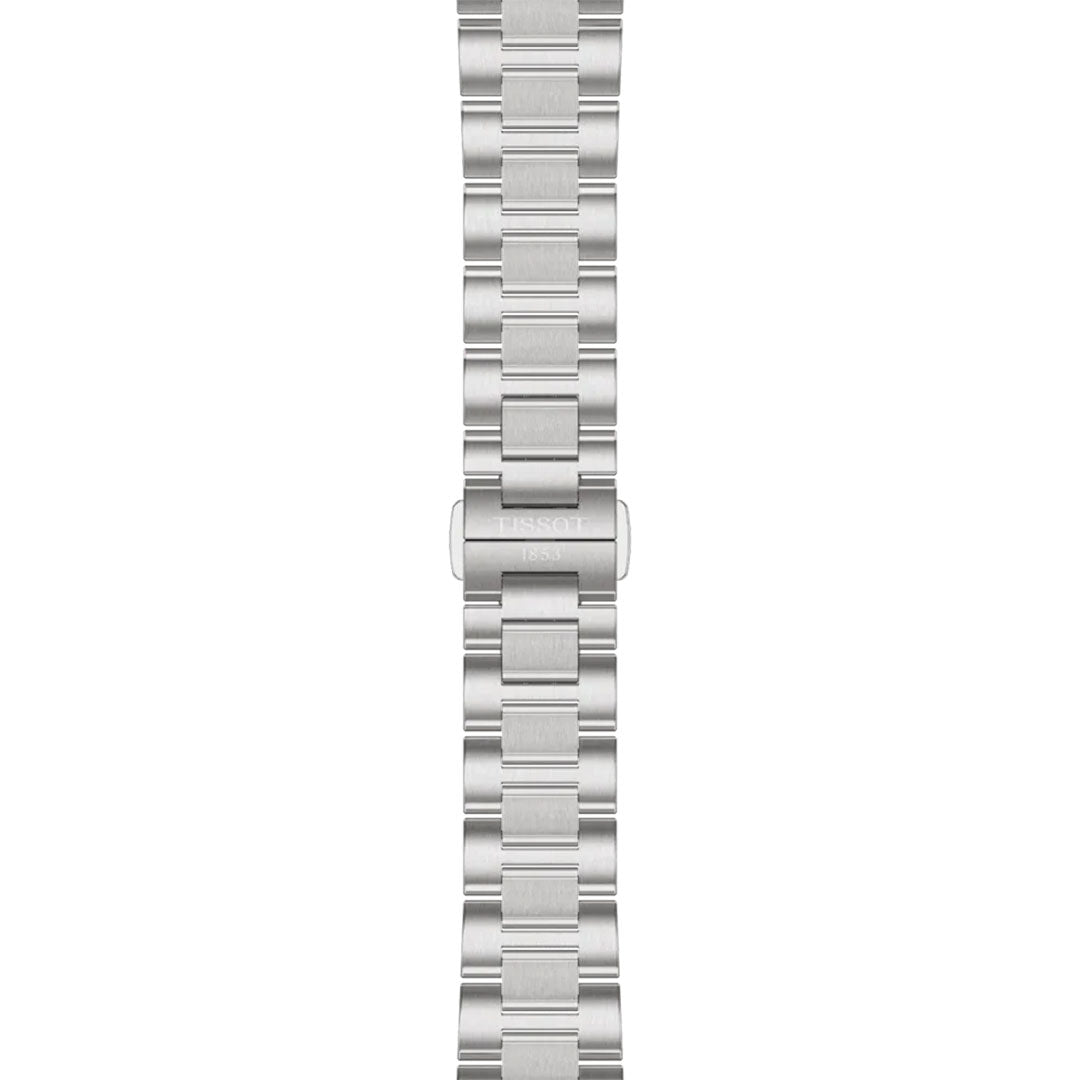 The Tissot PRC 100 Solar Quartz 34mm watch features a stainless steel, brushed three-link bracelet with a folding clasp engraved "Tissot," perfectly complementing the solar-powered Lightmaster collection.