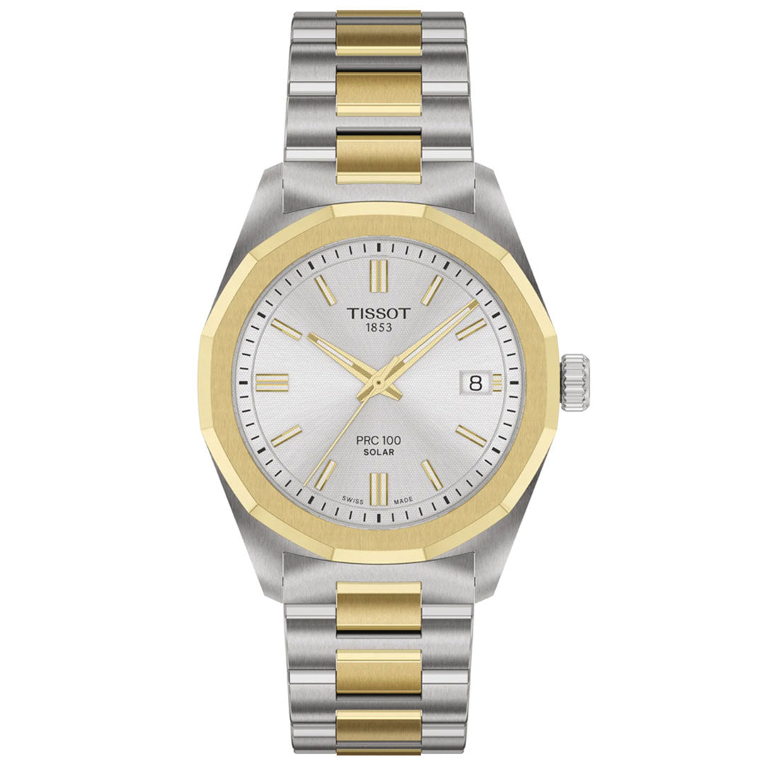 The Tissot PRC 100 Solar Quartz 34mm Watch features a silver and gold two-tone metal band, silver dial, gold bezel, gold hour markers, and a date display at 3 o'clock.