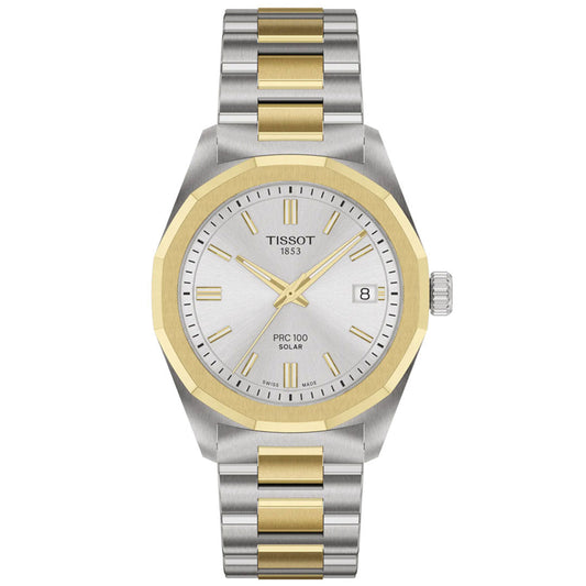 The Tissot PRC 100 Solar Quartz 34mm Watch features a silver and gold two-tone metal band, silver dial, gold bezel, gold hour markers, and a date display at 3 o'clock.
