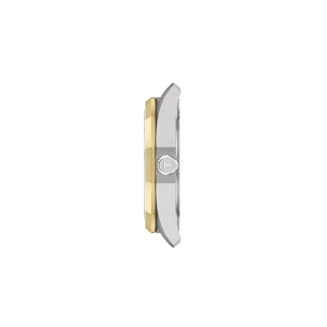 Side view of the Tissot PRC 100 Solar Quartz 34mm Watch case in silver and gold tones, featuring a crown with an engraved Tissot logo. Set against a plain white background.