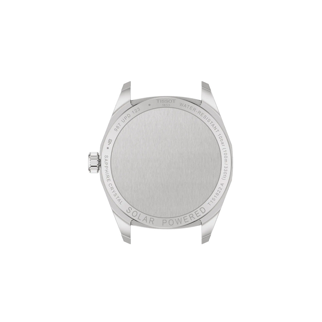 Back view of the Tissot PRC 100 Solar Quartz 34mm Watch shows engravings like "SOLAR POWERED," "WATER RESISTANT," and "SAPPHIRE CRYSTAL," showcasing Tissot’s Lightmaster Solar Quartz technology.