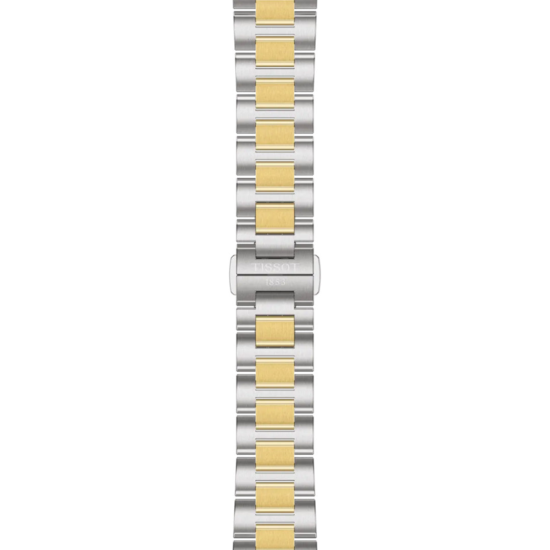 A two-tone stainless steel and gold watch band with Tissot logo on the clasp, featuring alternating silver and gold rectangular links, designed for the Tissot PRC 100 Solar Quartz 34mm Watch by Tissot.