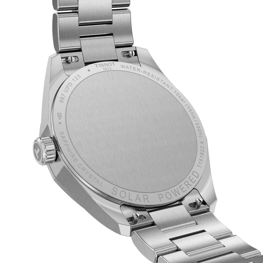 Back view of the Tissot PRC 100 Solar Quartz 34mm watch, highlighting its stainless steel case back engraved with “SOLAR POWERED,” “SAPPHIRE CRYSTAL,” and “WATER-RESISTANT.”.