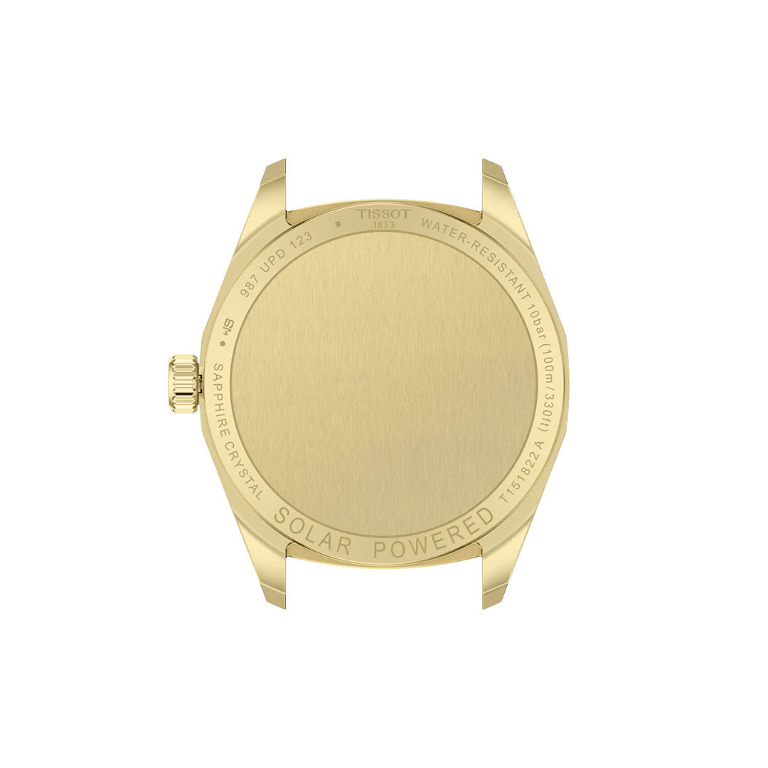 Back view of the Tissot PRC 100 Solar Quartz 34mm Watch case shows engravings for "Tissot," "water-resistant 100m," "sapphire crystal," and "solar powered;" the watch's band and face are not visible.