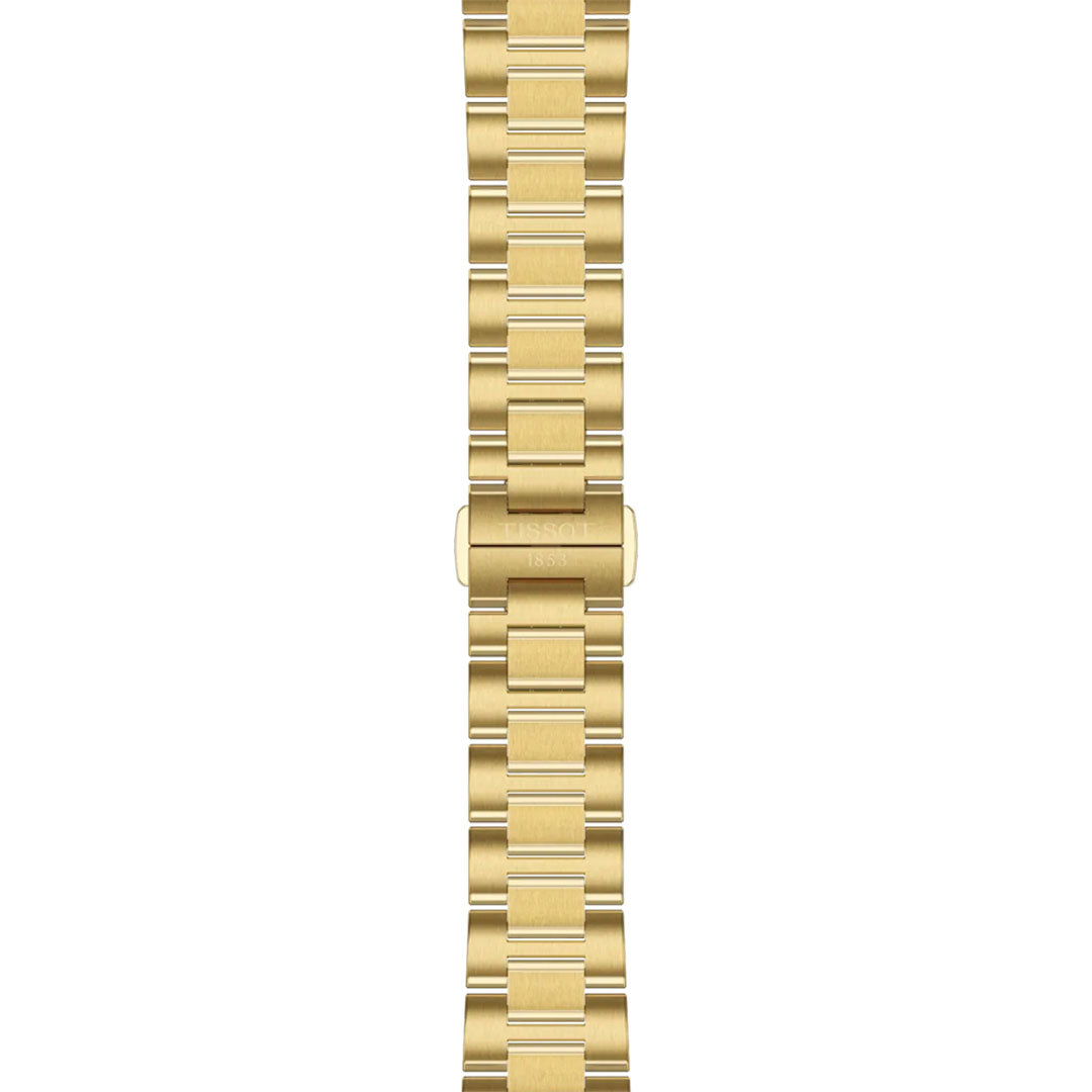 A gold metal band from the Tissot PRC 100 Solar Quartz 34mm Watch features rectangular links and a clasp engraved with "TISSOT." Shown vertically on a white background, it pairs perfectly with your solar-powered Tissot timepiece.