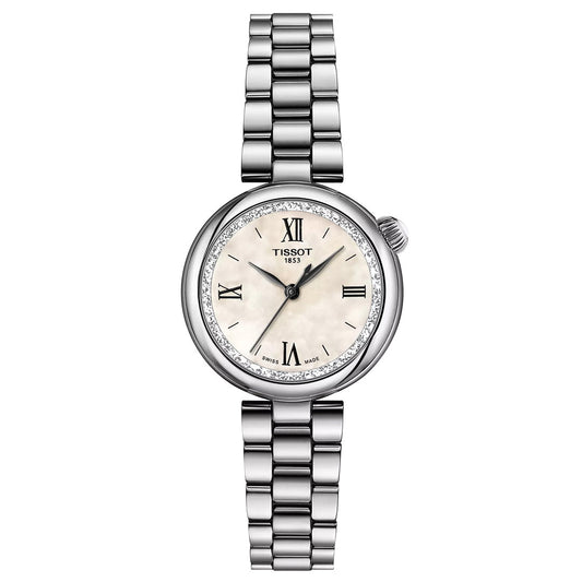 The Tissot Desir Quartz 28mm Watch by Tissot features a silver domed case, round white mother-of-pearl dial with Roman numerals and two hands, diamond-studded bezel, linked metal bracelet, and reliable quartz movement.