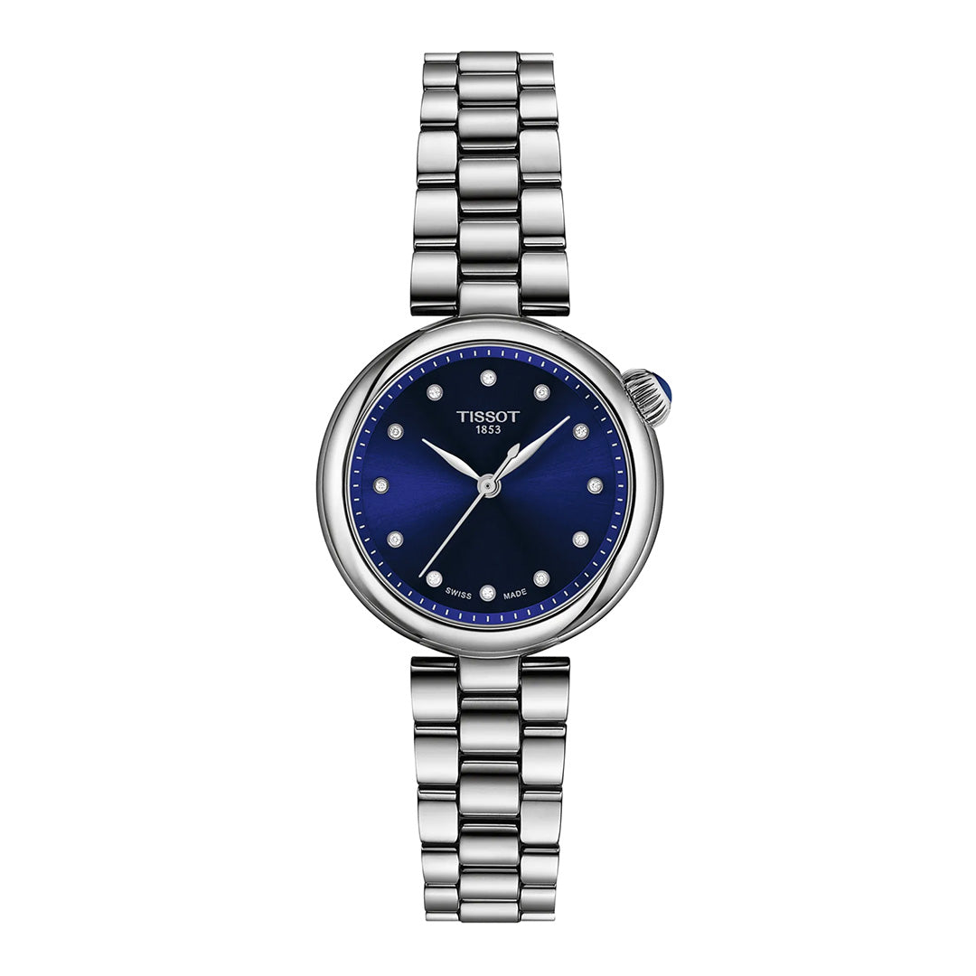 Introducing the Tissot Desir Quartz 28mm Watch, featuring a silver metal link bracelet and a round blue dial accented with silver hour markers. The watch displays the “Tissot 1853” logo on its face, making it a timeless accessory available at Raffi Jewellers.