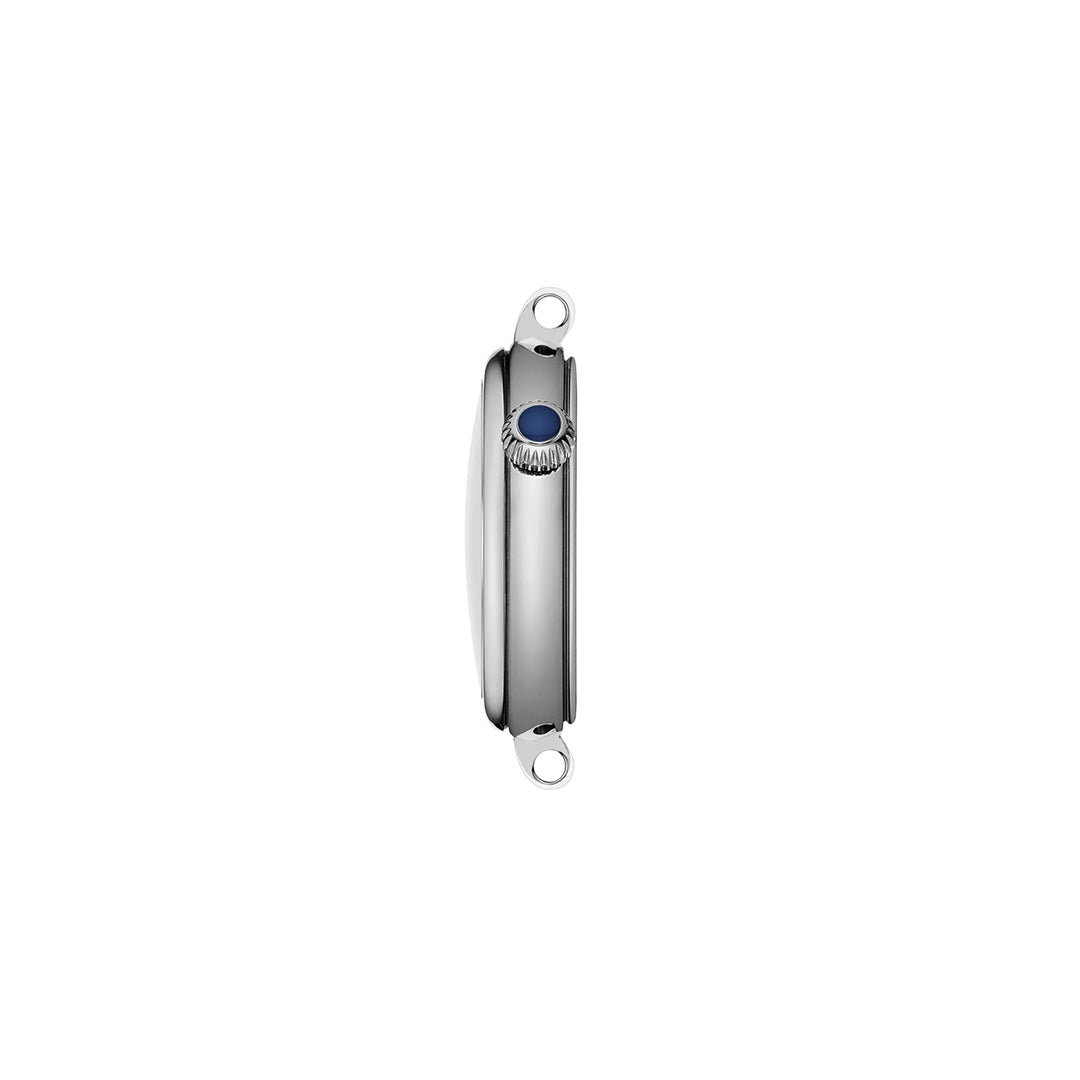 A side view of the Tissot Desir Quartz 28mm Watch reveals a sleek silver case with a round blue crown. The smooth, minimalist design includes attachment points for the strap at both the top and bottom. Set against a white background, this Tissot timepiece—offered by Raffi Jewellers—embodies refined elegance.