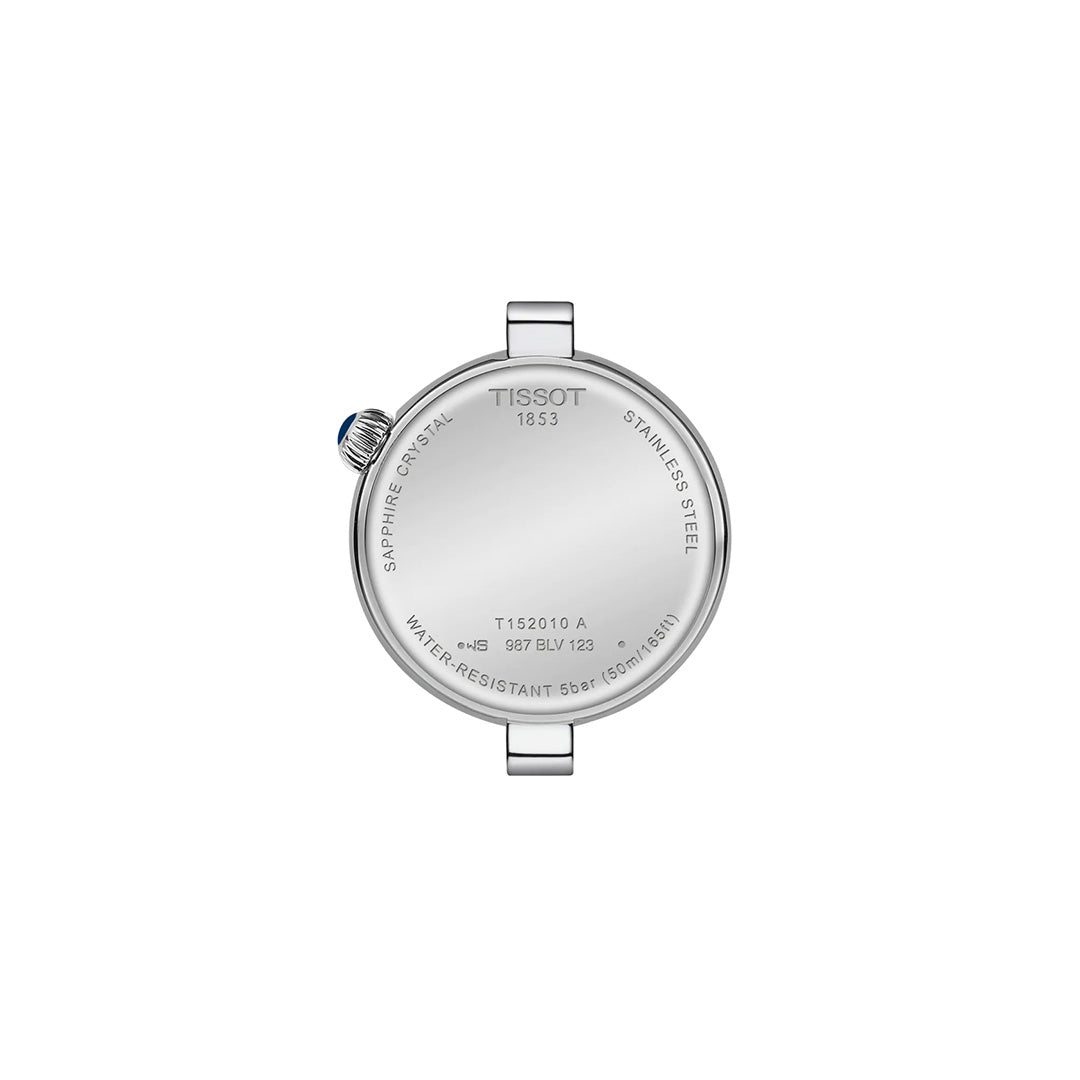 Back view of the Tissot Desir Quartz 28mm watch case featuring a visible crown and engraved details of the brand, model, water resistance, and material—all set against a white background. This elegant timepiece is available at Raffi Jewellers.