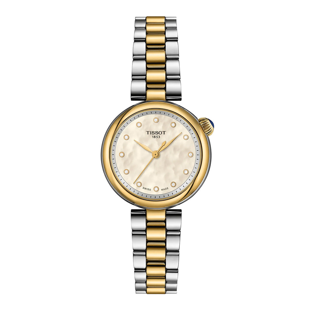 The Tissot Desir Quartz 28mm Watch features a gold and silver metal band, a round mother-of-pearl dial with gold hour markers and hands, and showcases a minimalist design without any numbers on the dial.