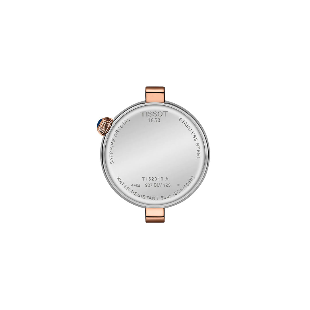 Back view of the Tissot Desir Quartz 28mm Watch case with a rose gold-tone crown, displaying engraved details such as model number, water resistance, sapphire crystal, and stainless steel on a plain white background—an elegant design that pairs perfectly with Tissot’s signature mother-of-pearl dial.