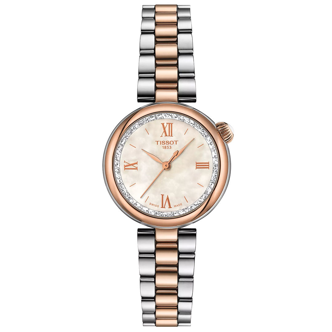 The Tissot Desir Quartz 28mm Watch features a two-tone silver and rose gold band, domed case, round white face with gold Roman numerals, date display, and a diamond-set bezel.