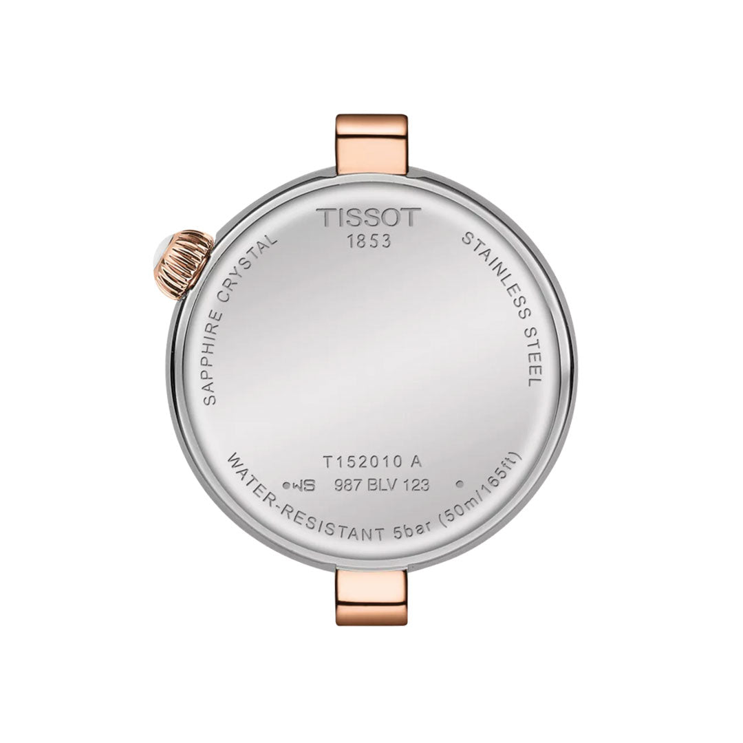 The back of the Tissot Desir Quartz 28mm Watch shows rose gold lugs and crown, a domed case, and engraved details: sapphire crystal, stainless steel, 5 bar water resistance, and model number T152010 A.
