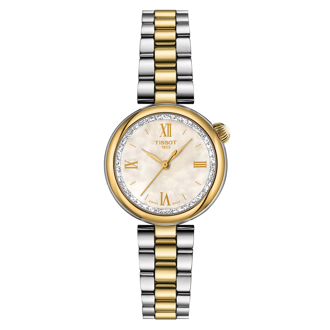 The Tissot Desir Quartz 28mm women's watch showcases a two-tone silver and gold bracelet, a domed case with a diamond-embellished bezel, round dial with gold Roman numerals, sleek hands, and a marble-like pattern. Its quartz movement ensures precision and elegance.