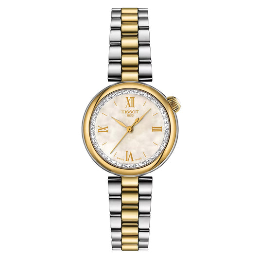 The Tissot Desir Quartz 28mm women's watch showcases a two-tone silver and gold bracelet, a domed case with a diamond-embellished bezel, round dial with gold Roman numerals, sleek hands, and a marble-like pattern. Its quartz movement ensures precision and elegance.