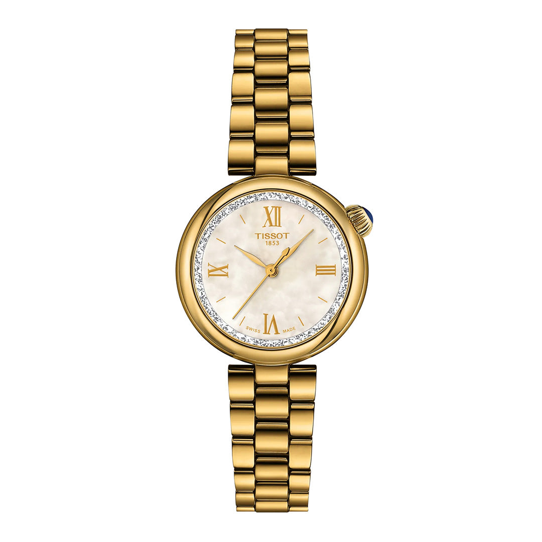 The Tissot Desir Quartz 28mm Watch features a gold-toned design with a round face, elegant Roman numerals, a shimmering mother-of-pearl dial, diamond-set bezel, and a refined metal link bracelet. Photographed against a white background, this stunning Tissot timepiece is available at Raffi Jewellers.