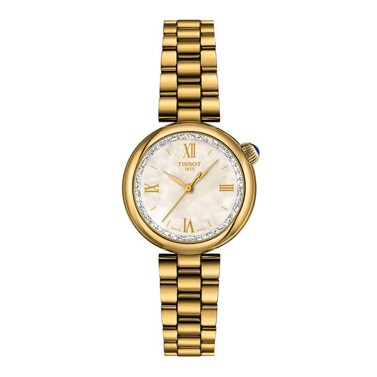 The Tissot Desir Quartz 28mm Watch features a gold-toned design with a round face, elegant Roman numerals, a shimmering mother-of-pearl dial, diamond-set bezel, and a refined metal link bracelet. Photographed against a white background, this stunning Tissot timepiece is available at Raffi Jewellers.