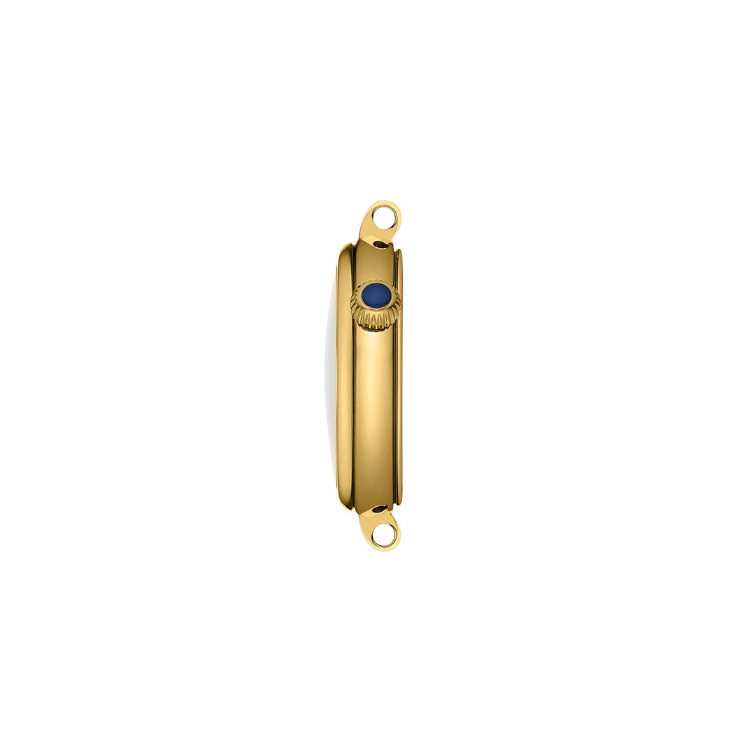 Side view of a Tissot Desir Quartz 28mm Watch in gold, featuring a crown on the right and visible lugs at the top and bottom, set against a plain white background. This elegant Tissot timepiece, offered by Raffi Jewellers, is distinguished by its refined design and luxurious mother-of-pearl dial.