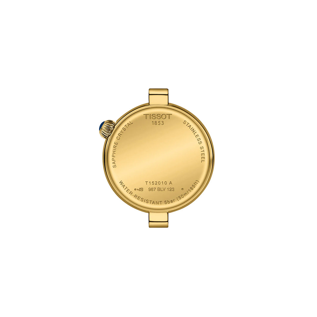 Presented on a white background, the Tissot Desir Quartz 28mm Watch features an elegant gold caseback engraved with the brand name, water resistance specifications, sapphire crystal, stainless steel details, and model number. A striking blue crown adorns the left side of the timepiece. This exquisite watch from Tissot boasts a luminous mother-of-pearl dial and is exclusively offered by Raffi Jewellers.