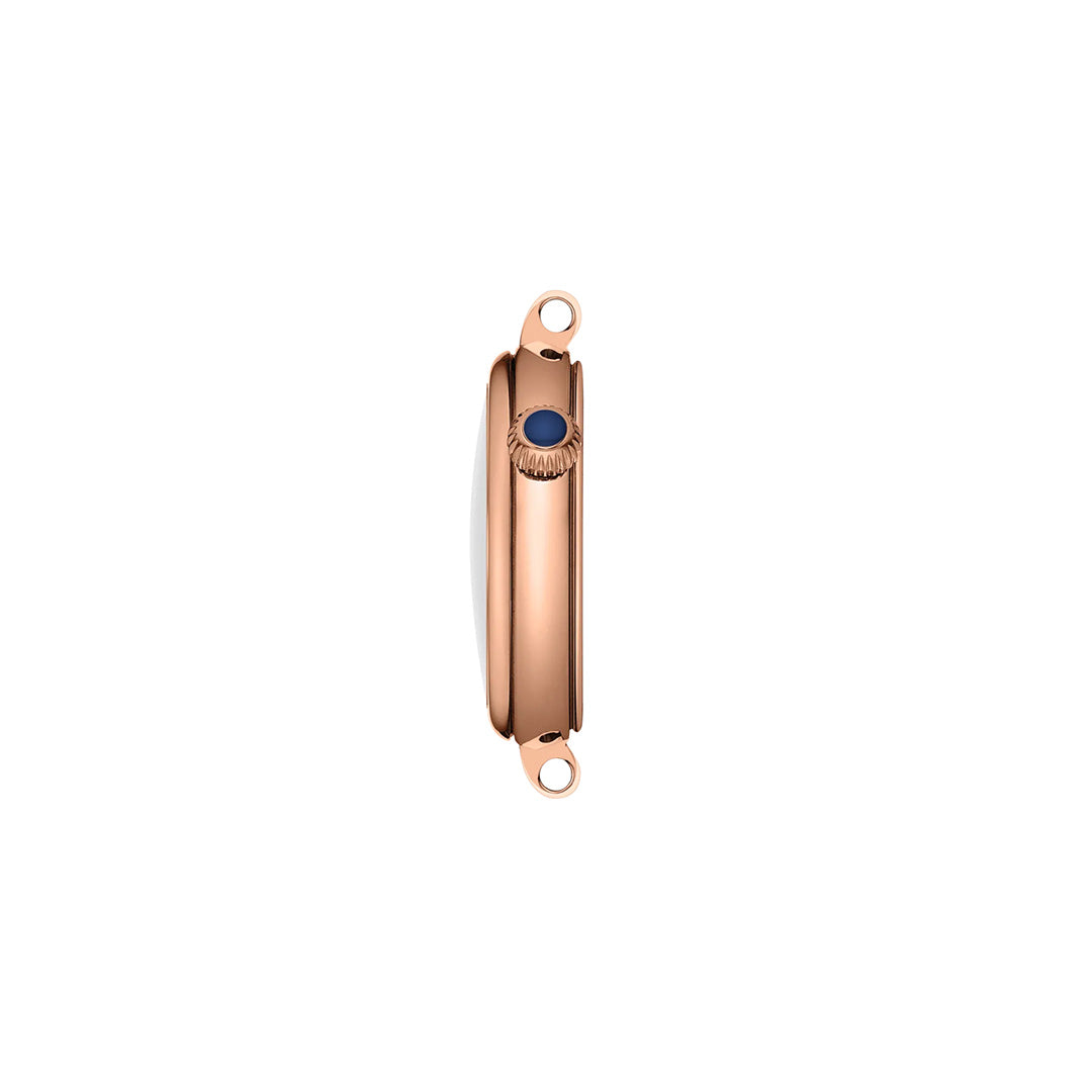 Side view of the Tissot Desir Quartz 28mm Watch in rose gold, showcasing its round crown with a dark blue accent, set against a plain white background.