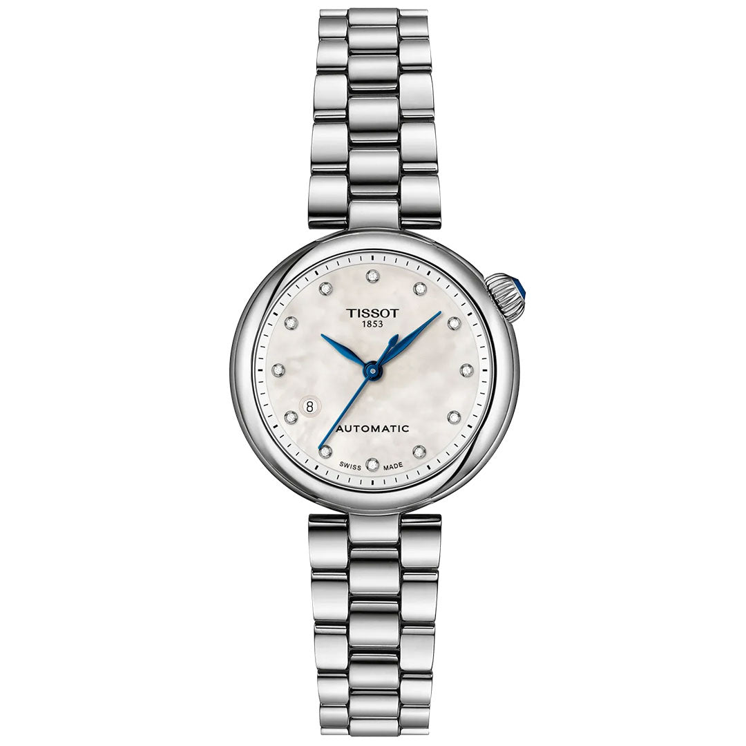The Tissot Desir Automatic 28mm is a silver wristwatch featuring a round white dial with blue hands, silver hour markers, a date window at 6 o’clock, automatic movement, "Tissot 1853" and "Automatic," plus a stainless-steel bracelet.