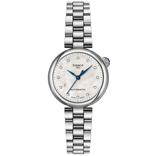 The Tissot Desir Automatic 28mm is a silver wristwatch featuring a round white dial with blue hands, silver hour markers, a date window at 6 o’clock, automatic movement, "Tissot 1853" and "Automatic," plus a stainless-steel bracelet.