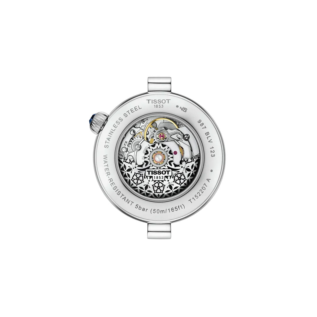 Back view of the Tissot Desir Automatic 28mm Watch highlights its stainless steel case, visible automatic movement, engraved Tissot branding, water resistance, and stamped serial numbers for authenticity.