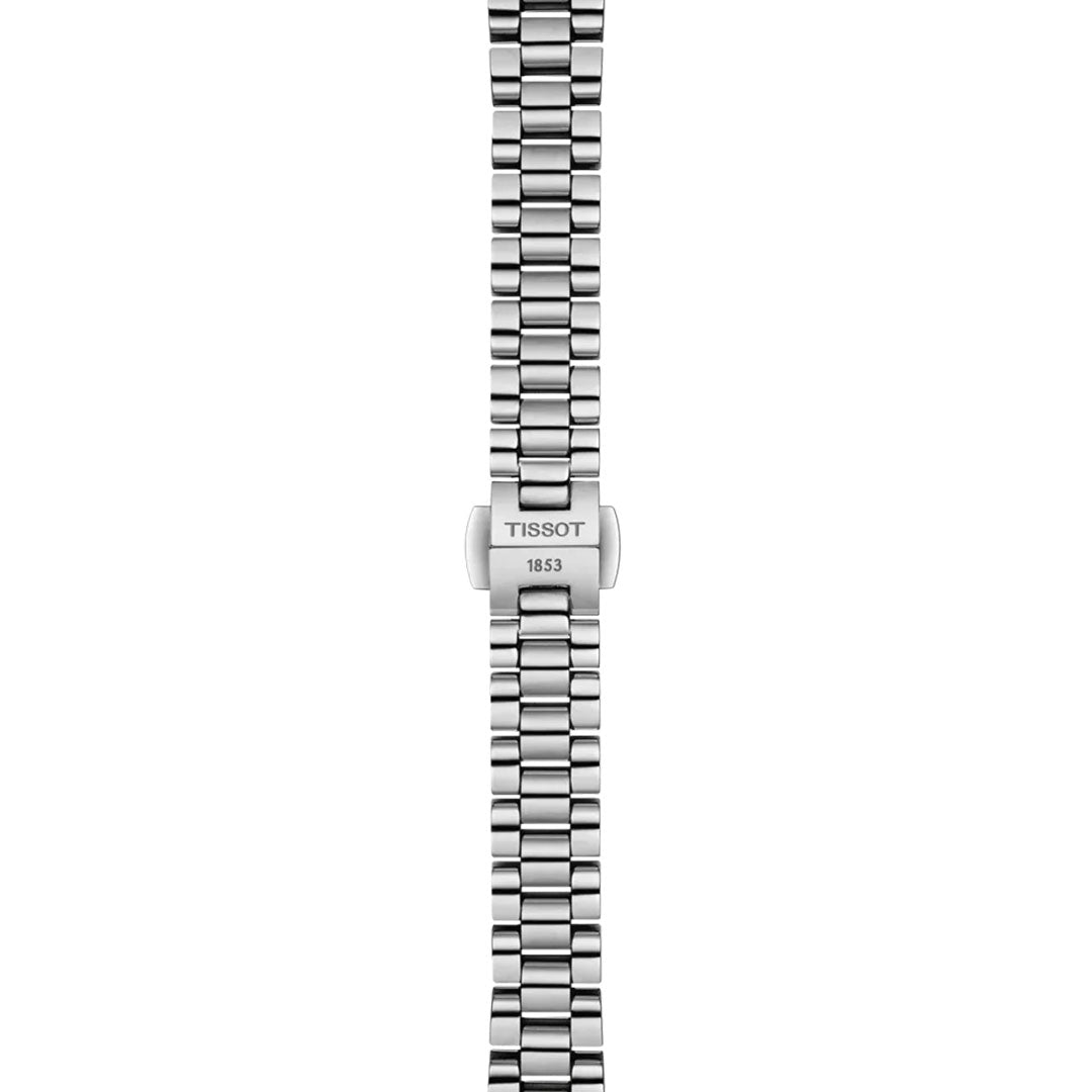The Tissot Desir Automatic 28mm Watch features a stainless-steel bracelet with polished and brushed interlocking rectangular links and a central clasp engraved "TISSOT 1853.