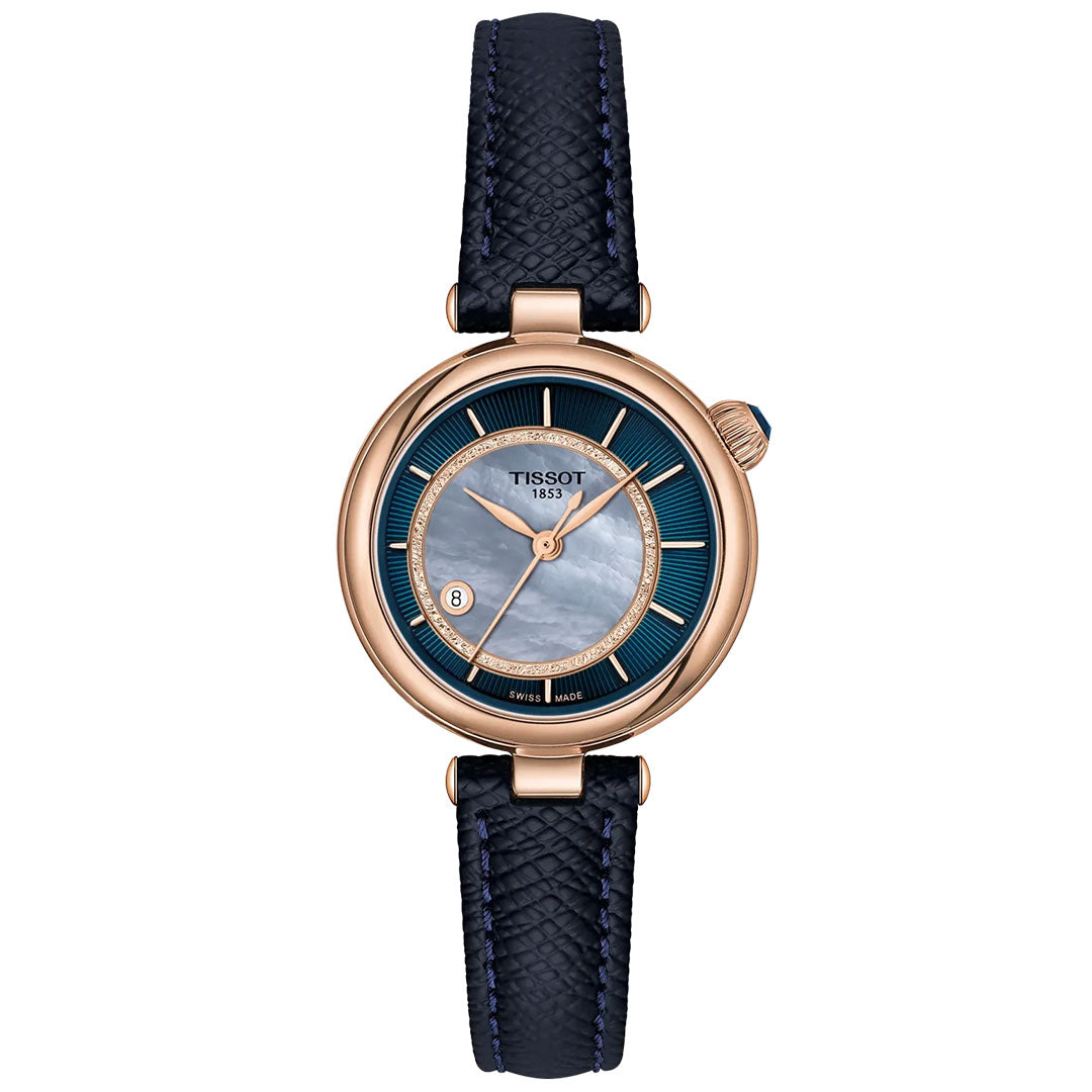 The Tissot Desir Automatic 28mm Watch features a round rose gold case, blue textured dial with gold hour markers and "Tissot 1853", blue textured leather strap, automatic movement, and a date display at 6 o'clock.