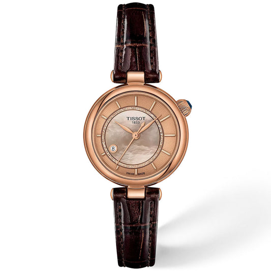 The Tissot Desir Automatic 28mm Watch for women features a round rose gold PVD case, mother-of-pearl dial with date at 6 o’clock, and a dark brown crocodile-pattern leather strap.