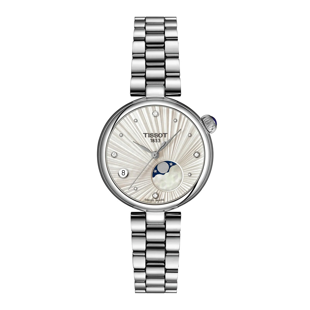 A Tissot Desir Moonphase Quartz 29.6mm Watch by Tissot, featuring a silver metal link bracelet, a round case with diamond hour markers, moonphase complication, date display, and powered by precise quartz movement, shown against a white background.