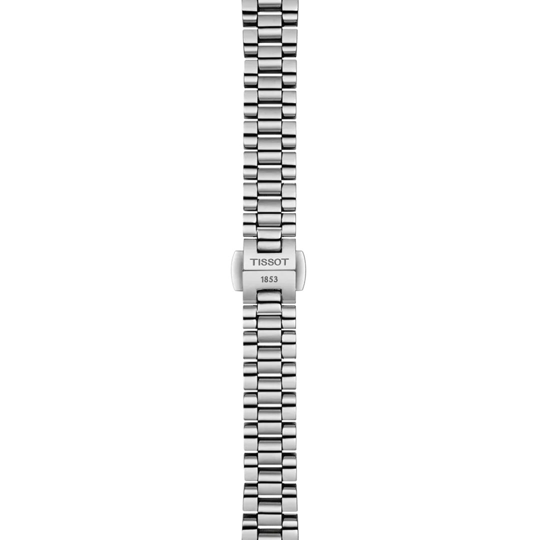 A silver metal watch band with interlocking links, seen from above, features a center clasp engraved with “TISSOT” and “1853.” This sleek and polished design is inspired by the refined elegance of the Tissot Desir Moonphase Quartz 29.6mm Watch, perfectly suited for a sophisticated timepiece by Tissot.