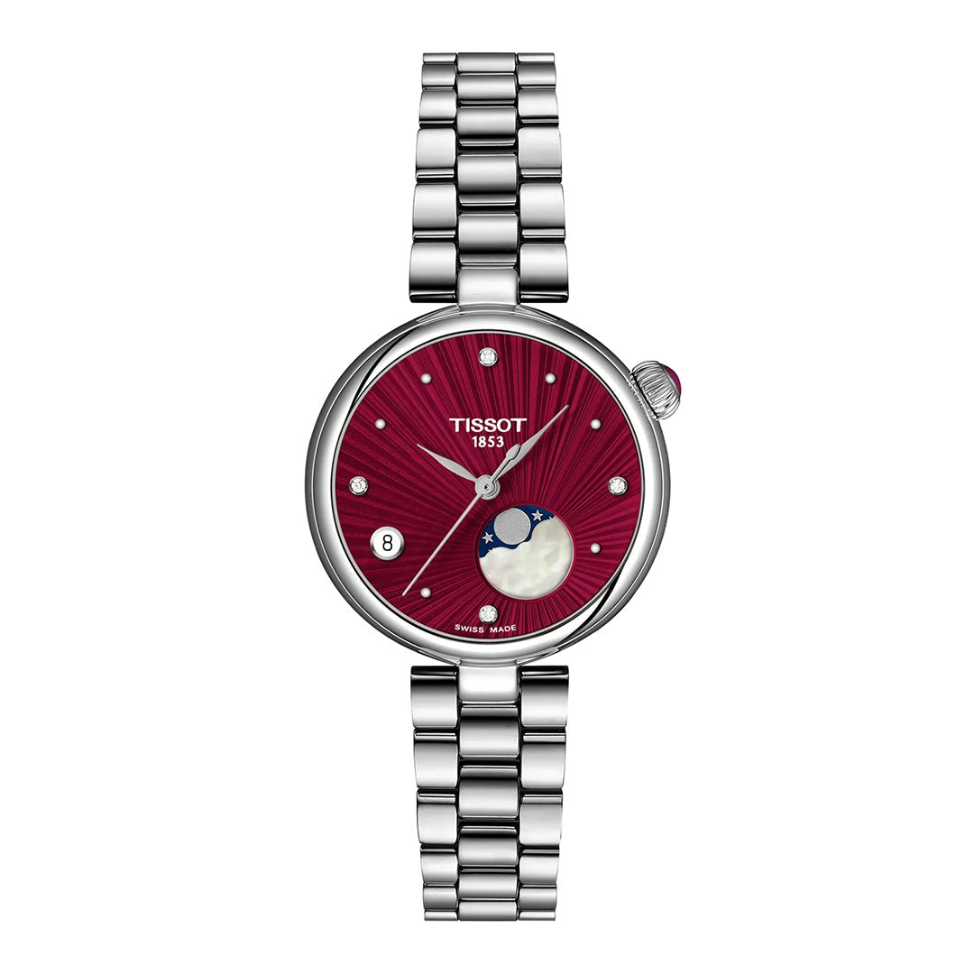 A Tissot Desir Moonphase Quartz 29.6mm watch by Tissot featuring a silver stainless steel link band, a striking red textured dial, moon phase display, date window, and diamond hour markers.