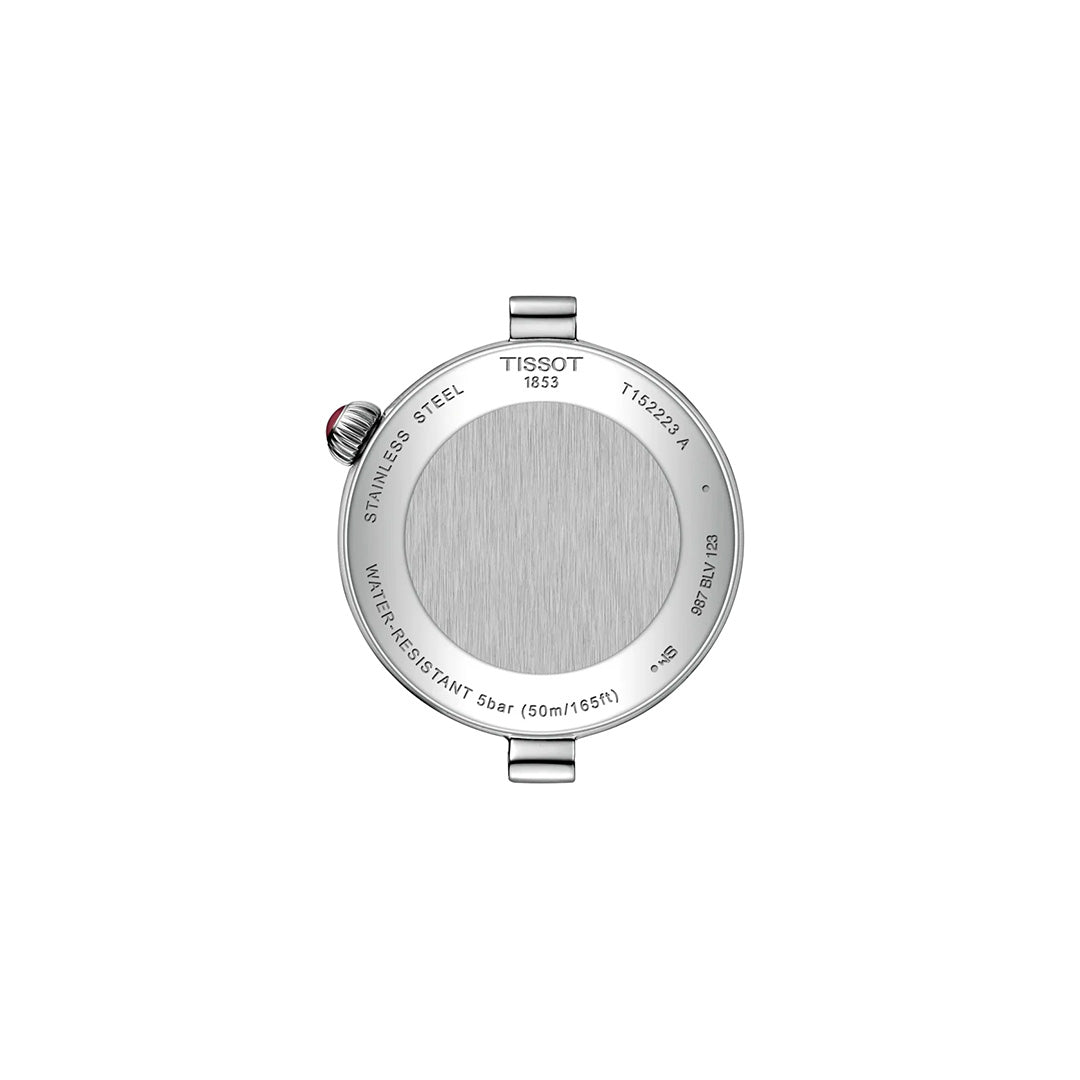 Engraved on the silver caseback of the Tissot Desir Moonphase Quartz 29.6mm Watch are the Tissot branding, serial numbers, “STAINLESS STEEL,” and “WATER RESISTANT 5 bar (50m/165ft),” while a crown with a signature red accent graces the left side of the circular case—an elegant detail that exemplifies the refined craftsmanship of this Tissot timepiece.