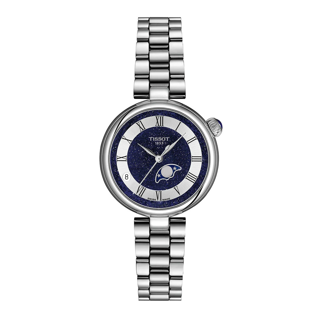A Tissot Desir Moonphase Quartz 29.6mm Watch featuring a blue starry dial with Roman numerals, date display, moonphase complication, and a stainless-steel bracelet.