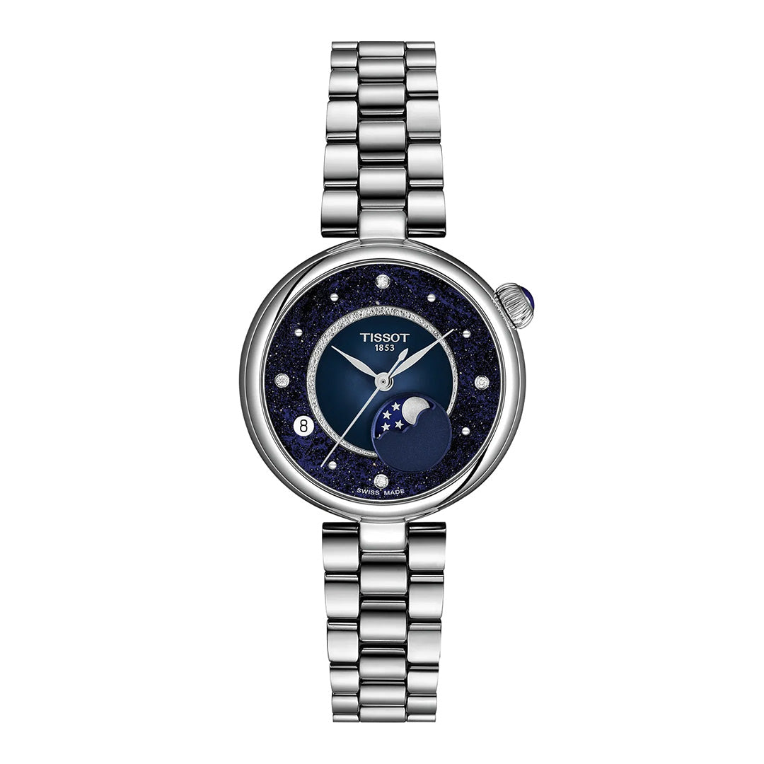 Tissot Desir Moonphase Quartz 29.6mm Watch by Tissot, featuring a silver stainless-steel diamond bracelet, a blue starry dial with diamond hour markers, a moonphase display, and a date window at 6 o’clock.