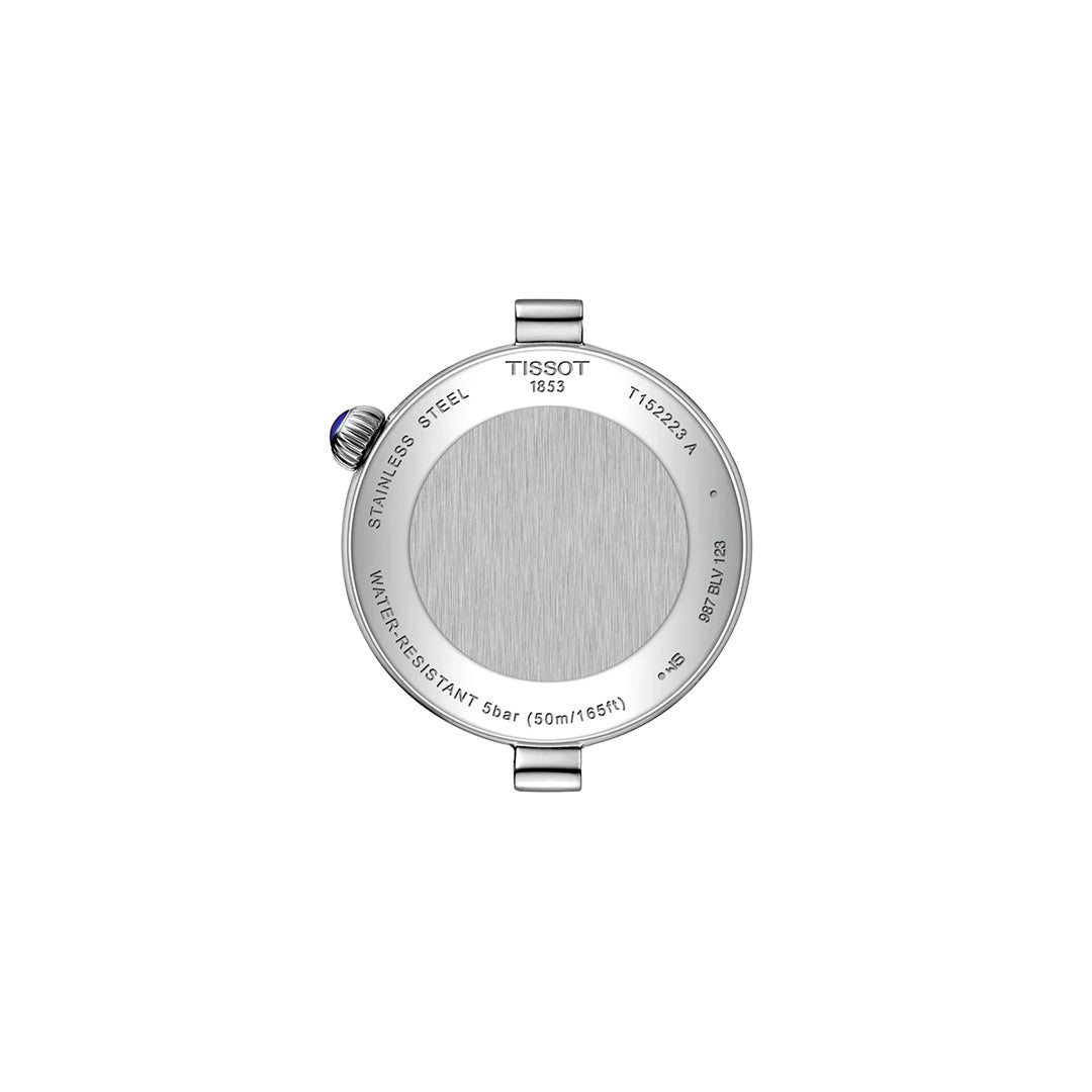Back view of the Tissot Desir Moonphase Quartz 29.6mm watch case in stainless steel, featuring engraved brand name, model information, water resistance rating, and additional details. The crown with a blue accent is visible on the left side, complementing the sophisticated aesthetic characteristic of Tissot’s moonphase timepieces and diamond-accented stainless-steel bracelet collections.