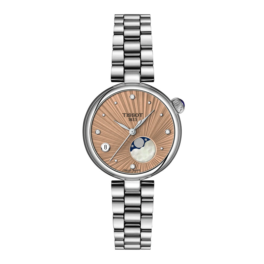 The Tissot Desir Moonphase Quartz 29.6mm Watch is displayed against a white background, featuring a silver case, brown textured dial, diamond hour markers, date window, and moon phase display. This elegant timepiece by Tissot combines refined diamond indexes with precise quartz movement for enduring reliability.