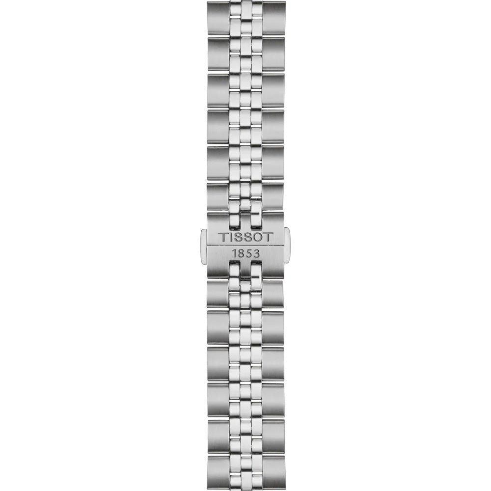 The Tissot Ballade Quartz 40mm Watch includes a sleek silver band with a rectangular clasp engraved with "TISSOT 1853." Featuring small rectangular links, it offers an interchangeable bracelet for versatile wear.