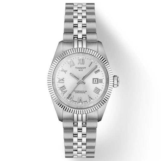 The Tissot Ballade Powermatic 80 Automatic 30mm Watch features a metal link band, textured silver dial with Roman numeral hour markers, date at 3 o'clock, fluted bezel, and Powermatic 80 movement.