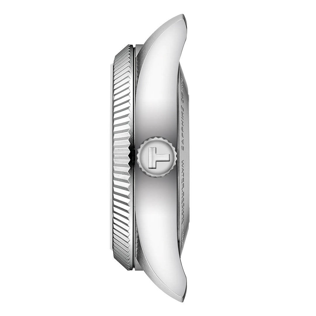 Side view of the Tissot Ballade Powermatic 80 Automatic 30mm Watch case in silver, featuring a textured edge, round crown with raised Tissot logo, and outward-curved polished top and bottom. No strap or dial is visible; chronometer-certified precision highlighted.
