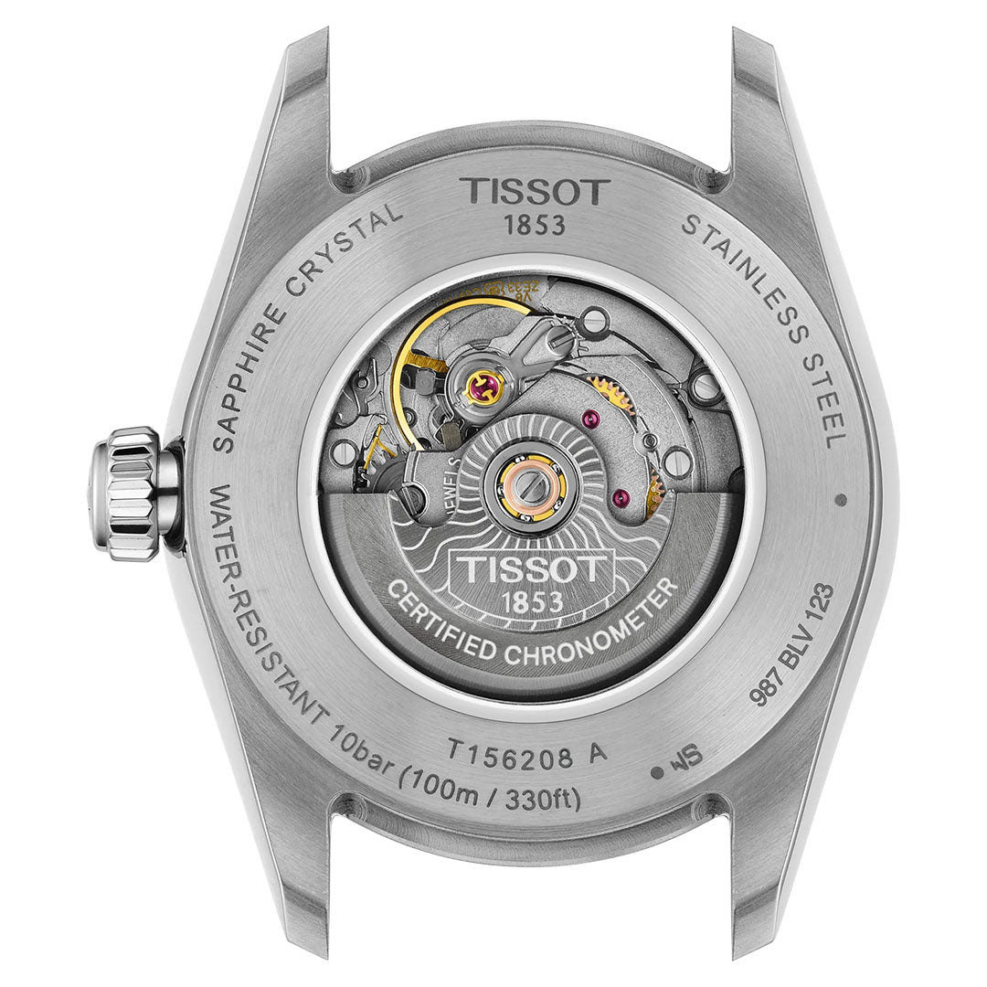 Close-up of the Tissot Ballade Powermatic 80 Automatic 30mm Watch, featuring its Powermatic 80 movement visible through a transparent case back with "TISSOT 1853" and "CERTIFIED CHRONOMETER" engravings showing its certified status.