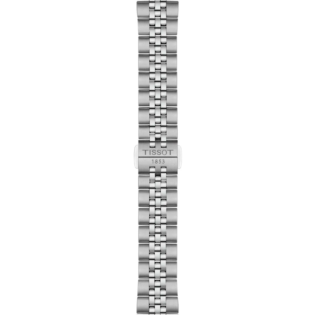 The Tissot Ballade Powermatic 80 Automatic 30mm features a stainless steel bracelet with polished and brushed finish, and a deployment clasp engraved with "TISSOT 1853.
