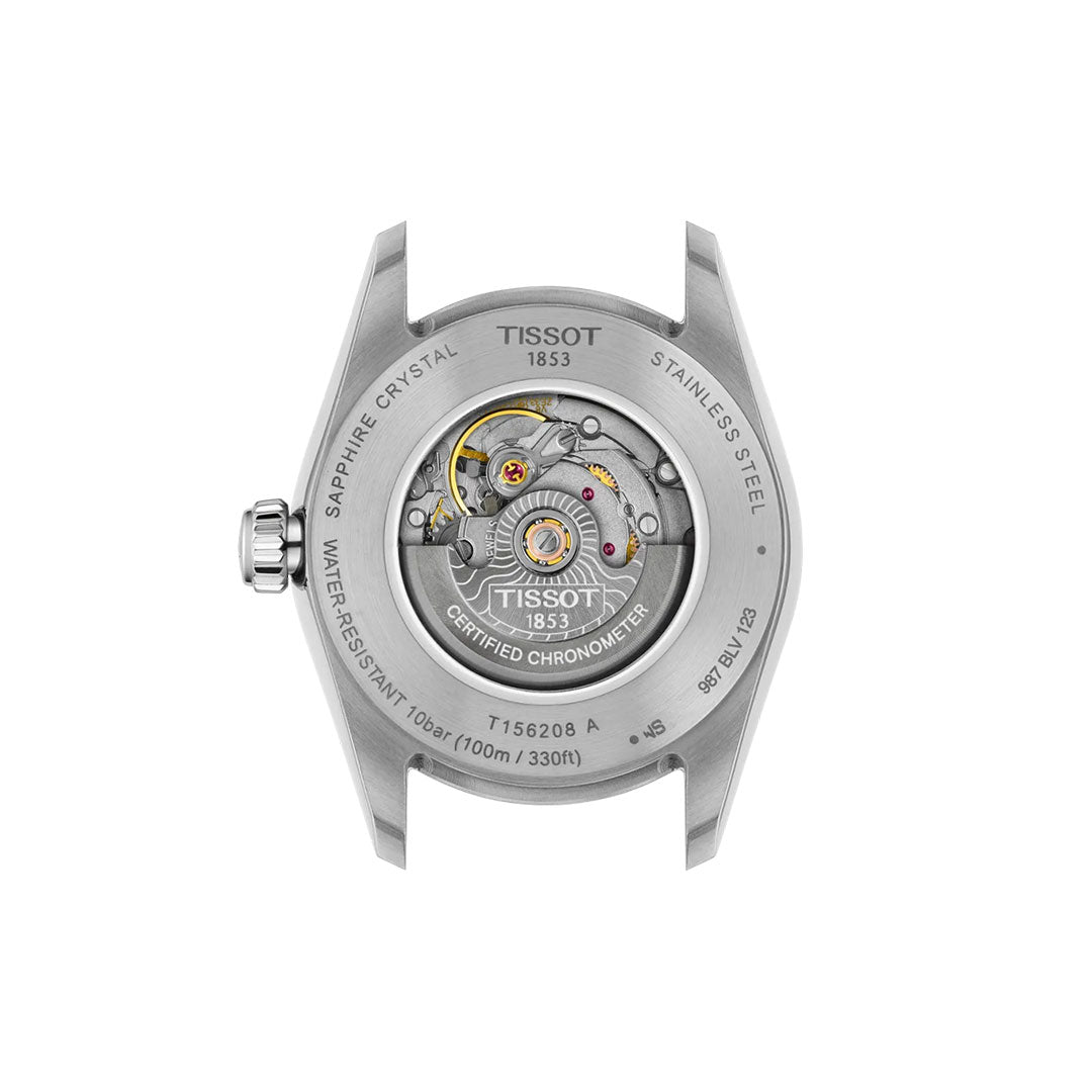 Back view of the Tissot Ballade Powermatic 80 Automatic 30mm Watch reveals its Powermatic 80 movement through a transparent case back, encased in stainless steel with engraved chronometer-certified details.