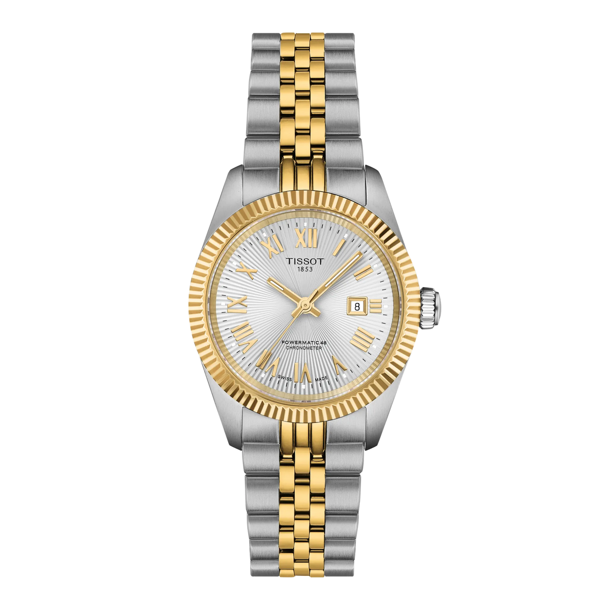 Tissot Ballade Powermatic 80 Automatic 30mm Watch in two-tone silver and gold stainless steel featuring a silver textured dial, Roman numeral indices, and a date display.