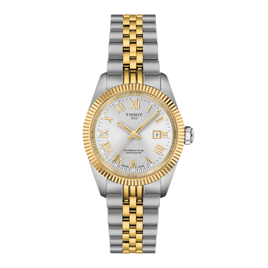 Tissot Ballade Powermatic 80 Automatic 30mm Watch in two-tone silver and gold stainless steel featuring a silver textured dial, Roman numeral indices, and a date display.