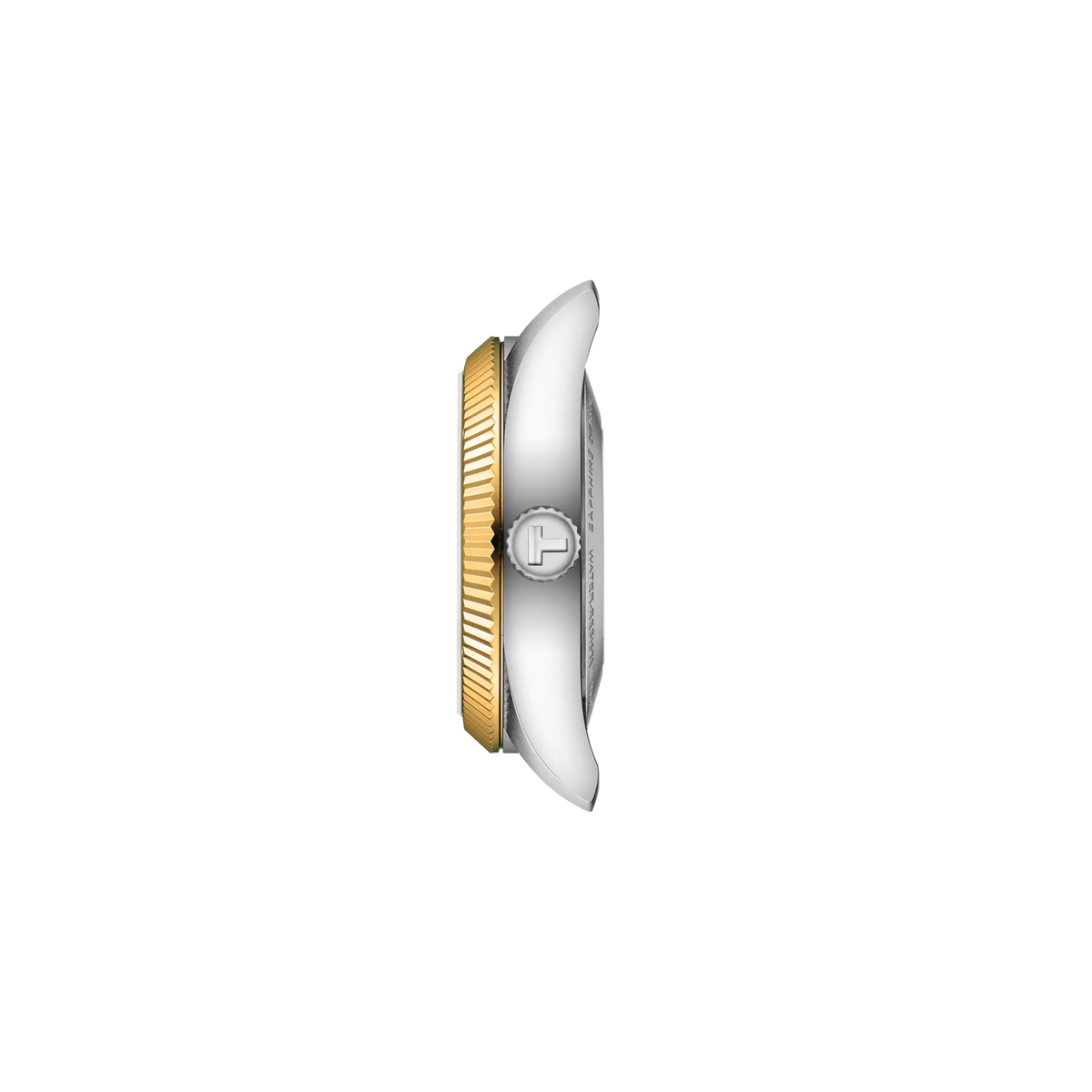 Side profile of a silver and gold-tone Tissot Ballade Powermatic 80 Automatic 30mm Watch case with a fluted bezel and a side crown.